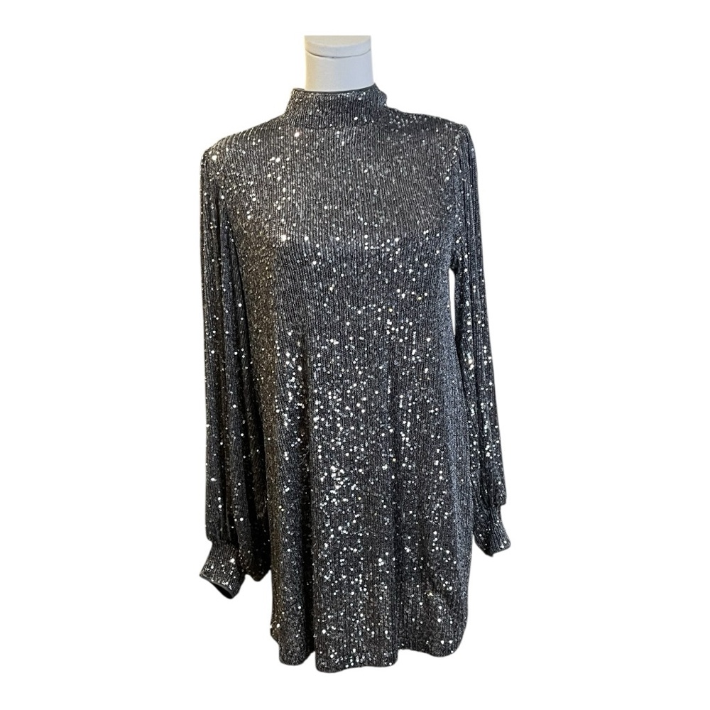 Dress Forum Los Angeles Small‎ Sequin Mock Neck Mini Dress Gray Silver